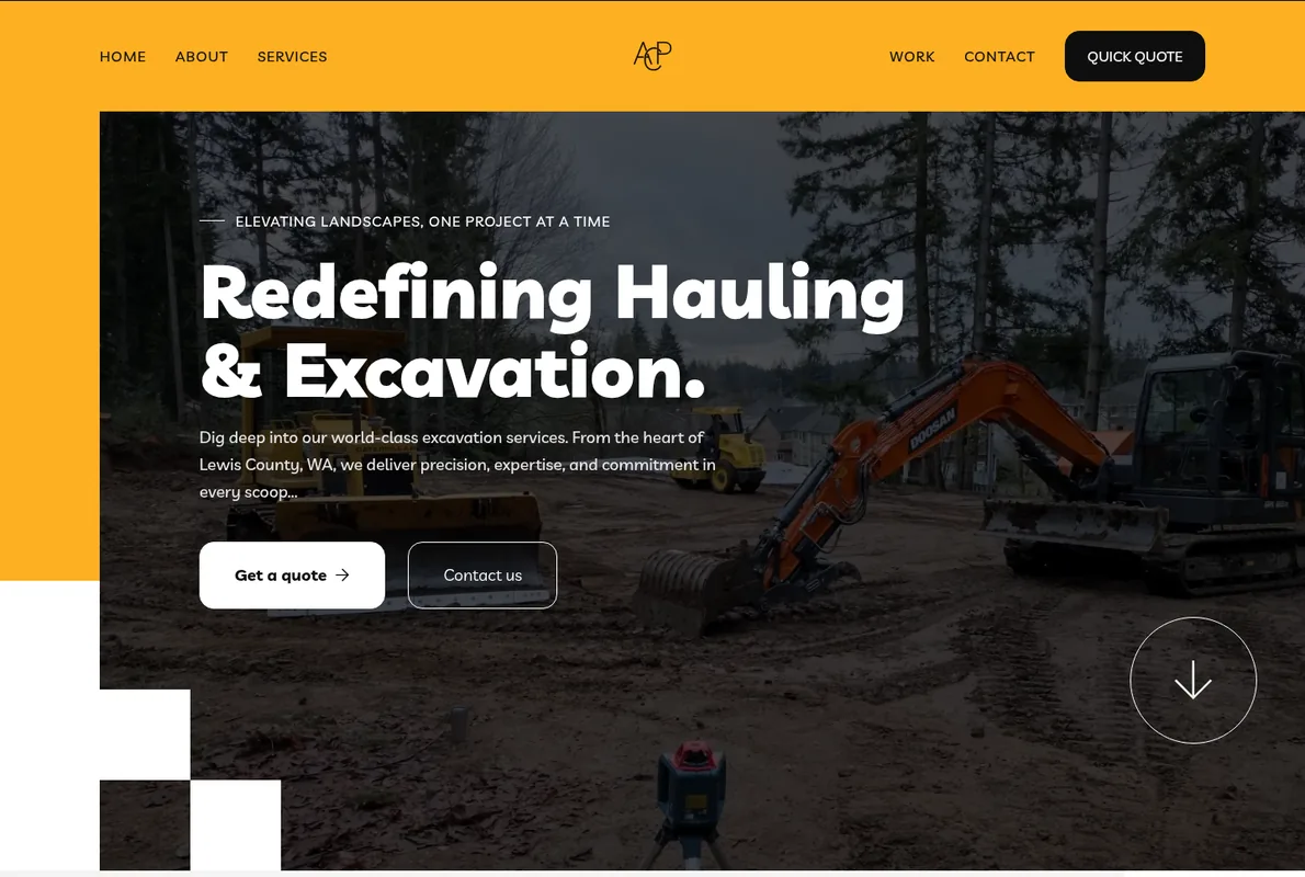 ACP Hauling & Excavation homepage: a yellow header with the ACP logo and Quick Quote button over a photo of an excavator on a cleared lot, with the headline Redefining Hauling & Excavation