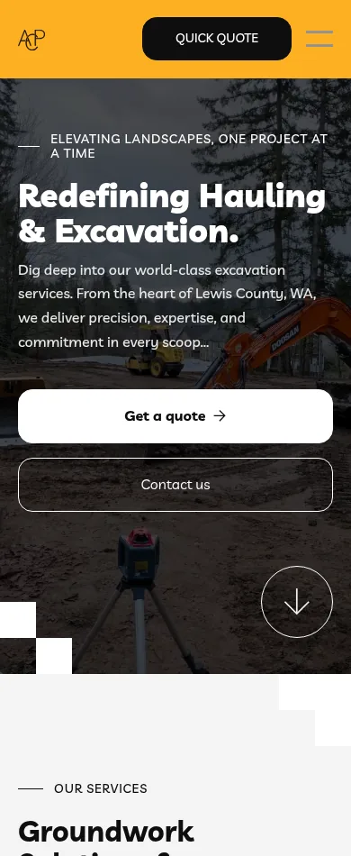 ACP Hauling homepage on a phone, with the Quick Quote button, the hero headline and stacked Get a quote and Contact us buttons