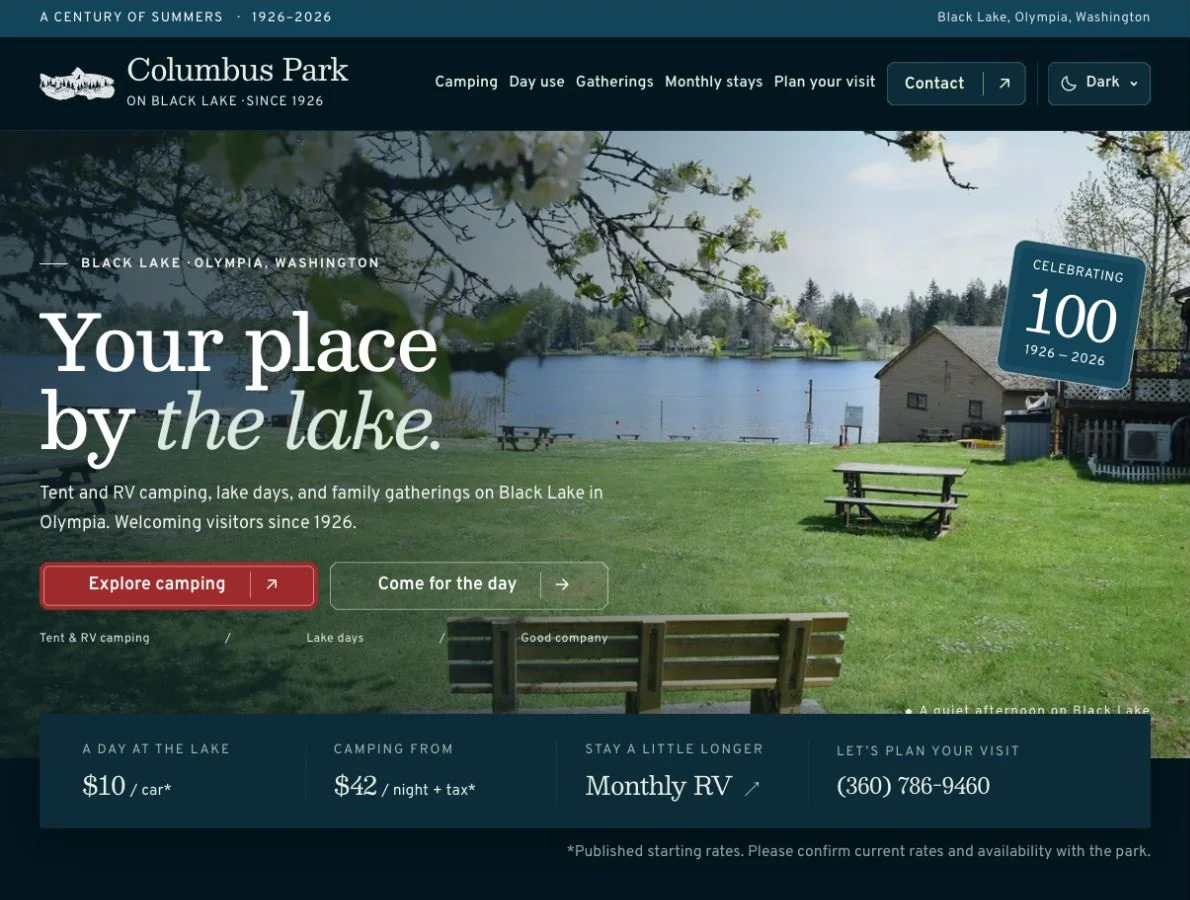 Published Columbus Park homepage showing the lakeside hero, camping and day-use links, and starting-rate information