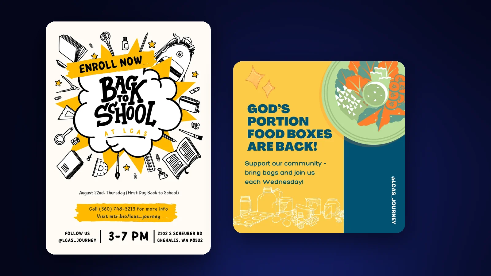 Back-to-school poster and God’s Portion food boxes graphic for Lewis County Adventist School