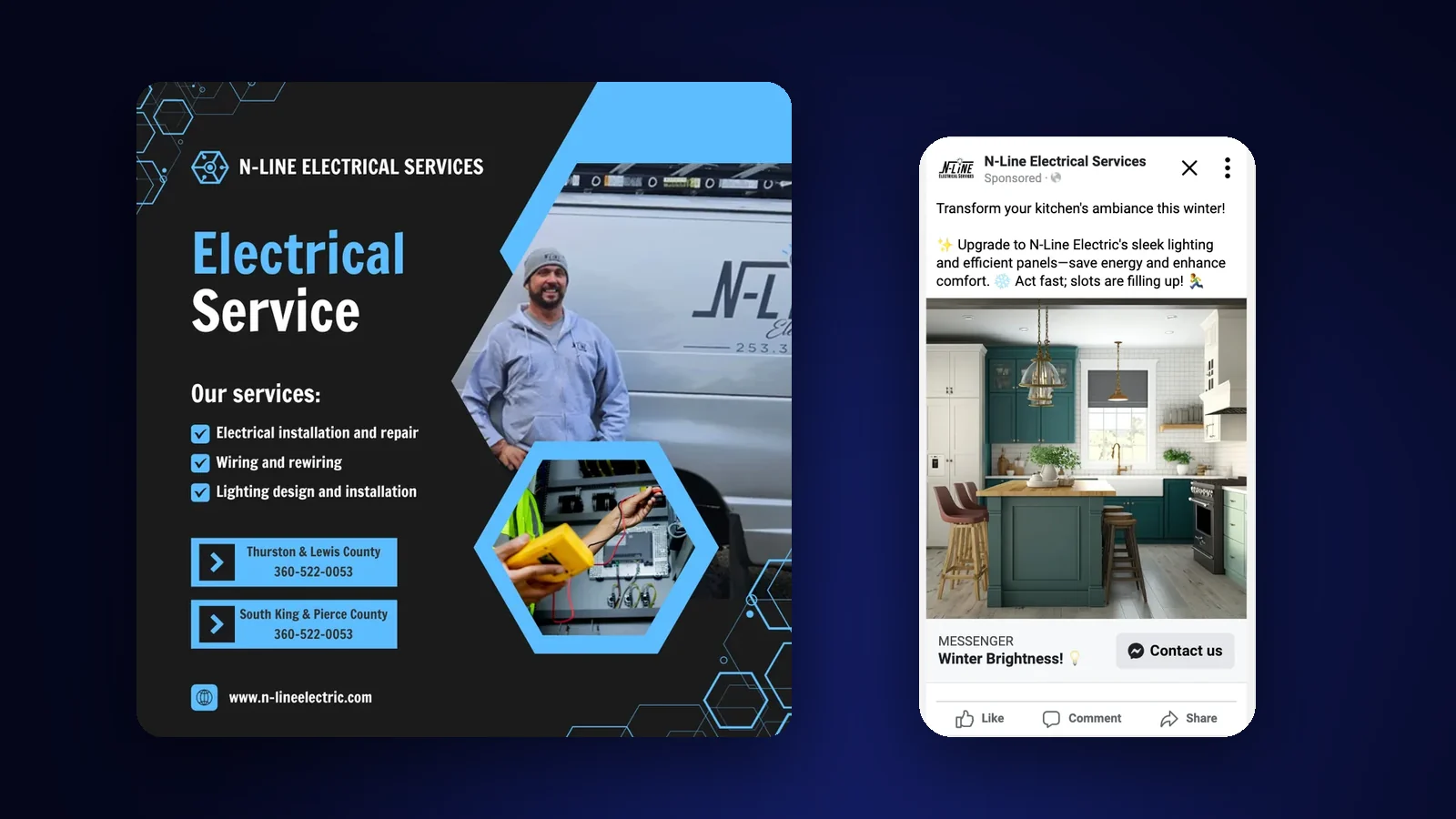 N-Line Electrical services graphic and a Messenger ad for the winter lighting campaign