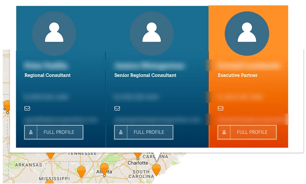 Office map cards showing consultant titles, with names and contact details blurred for privacy