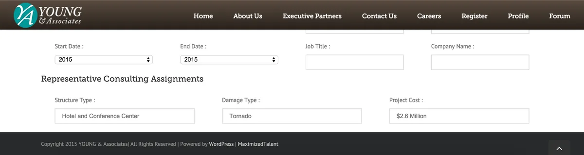 Consultant profile editor with a representative consulting assignments section