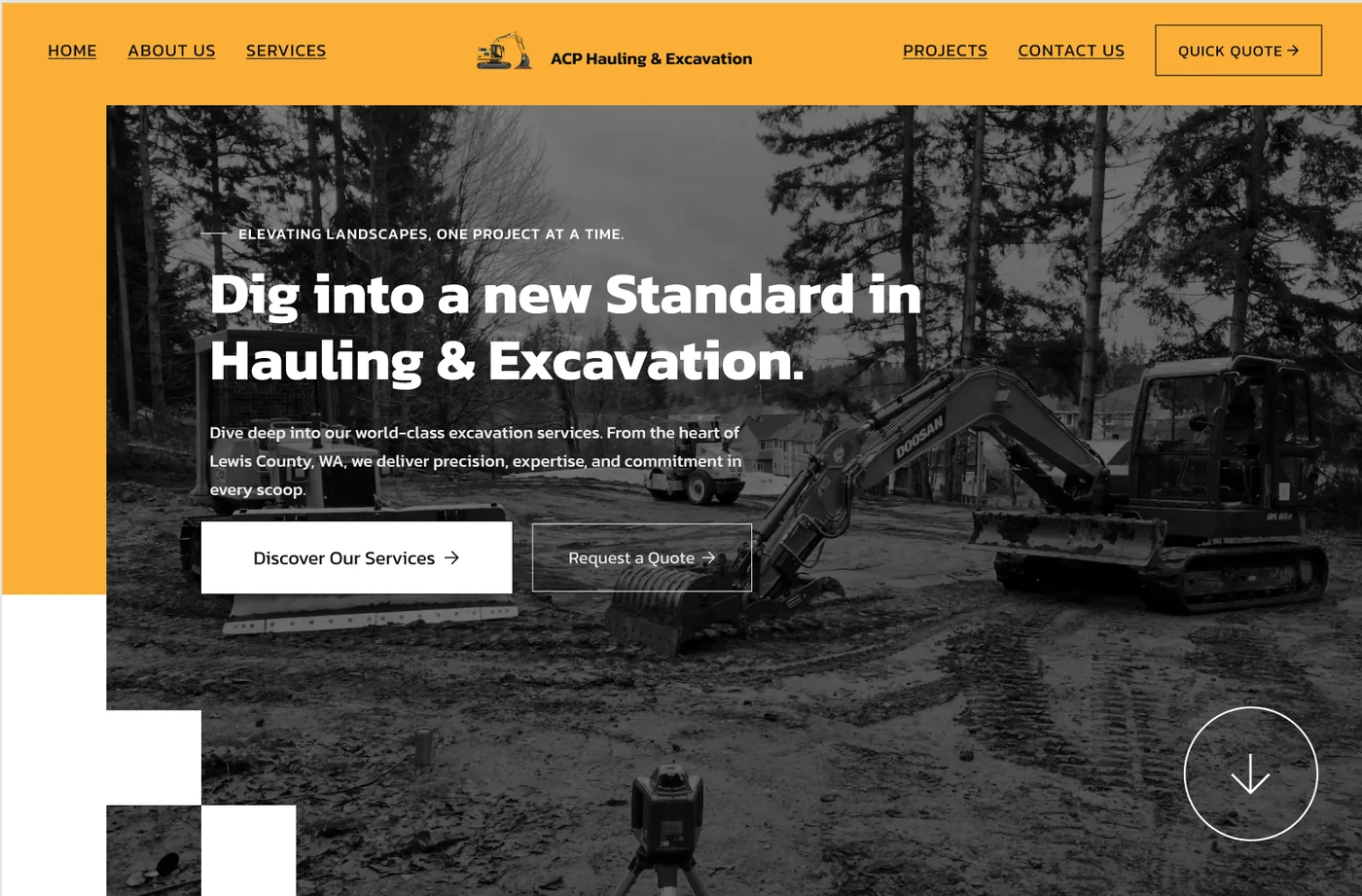 ACP Hauling website design concept with a yellow header and excavator imagery