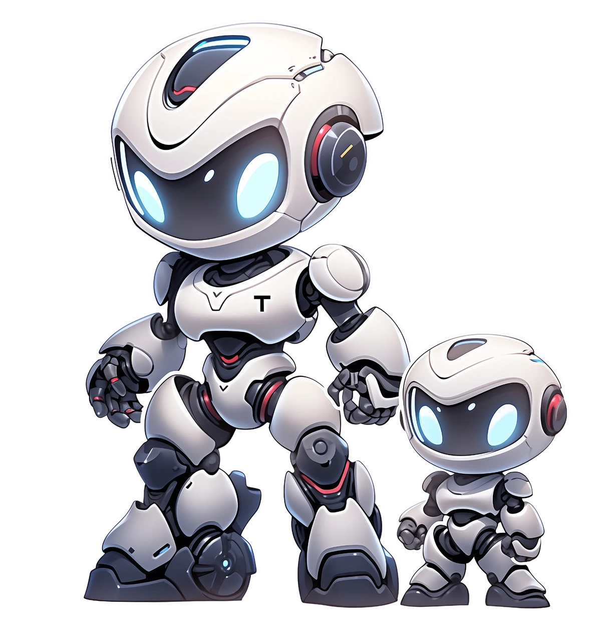 Max, our friendly white robot with bright cyan eyes, alongside his small companion